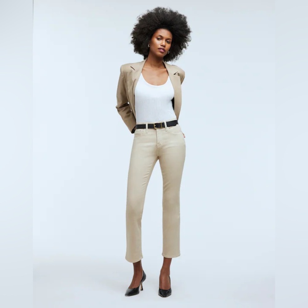 Madewell Kick Out‎ Crop Jeans Cali Flare Coated Pants Dune Tan Beige NWT Size 25